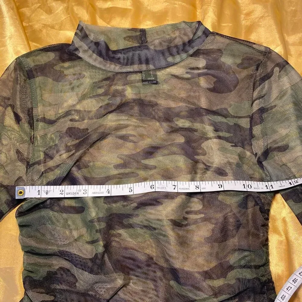 Forever 21 Camo Long Sleeve Mesh Crop Top w/ Adjustable Side Drawstrings - Picture 4 of 5